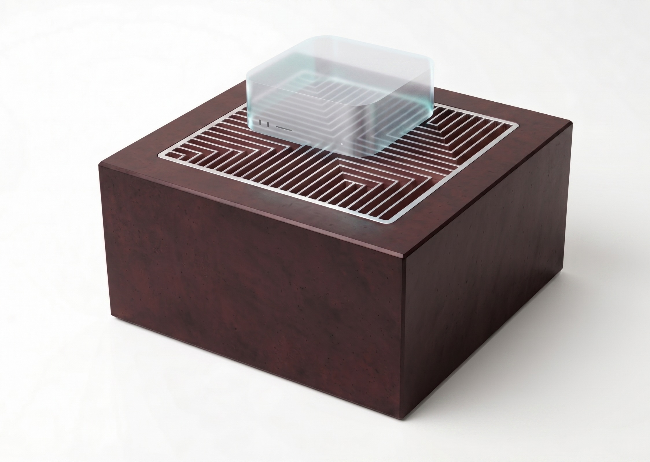 Shell3D-Large Founder's Edition: a local AI host on top of the limited Dark Red cast pedestal with spiral heatsink