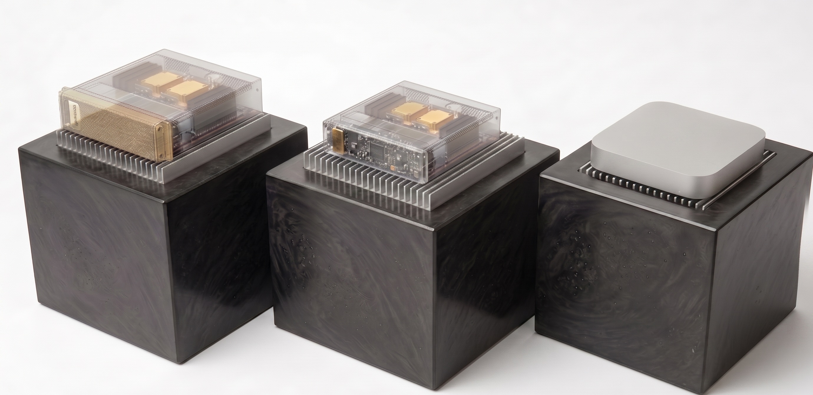 Three Shell3D Compact units in dark finish, sized for compact AI hosts