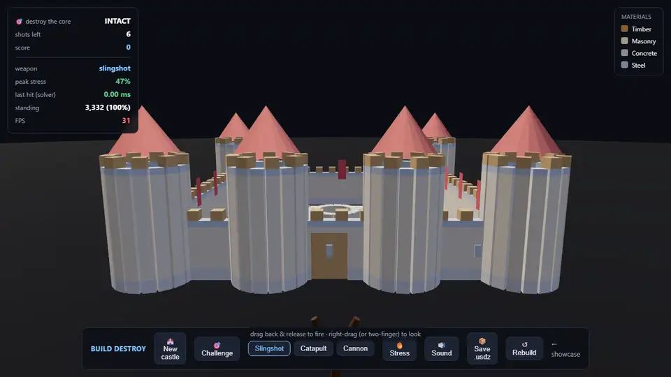 A block castle ready for a physics strike in Build and Destroy
